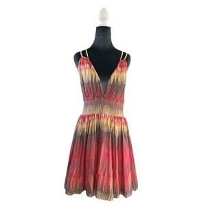 Free People Babydoll Mini Dress Festival Boho Sunset Deep Neck Plunge Large